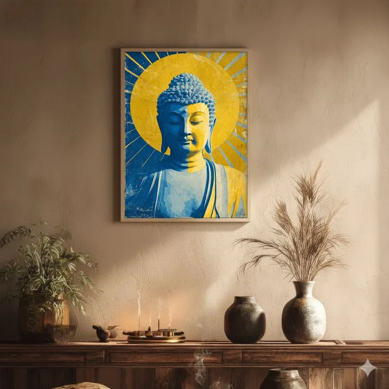 Buddha In Golden Aura I Archival Paper Wall Painting With Brown Frame media 1