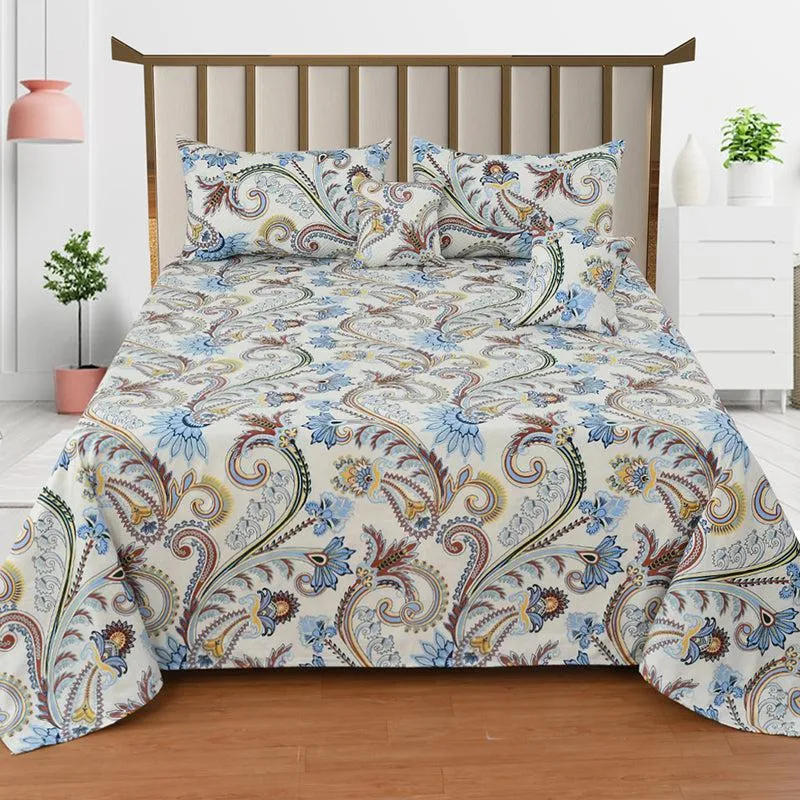 Rajput Weaves Ethnic Quilted Bedding Set (Off White & Blue) - Five Piece Set media 1