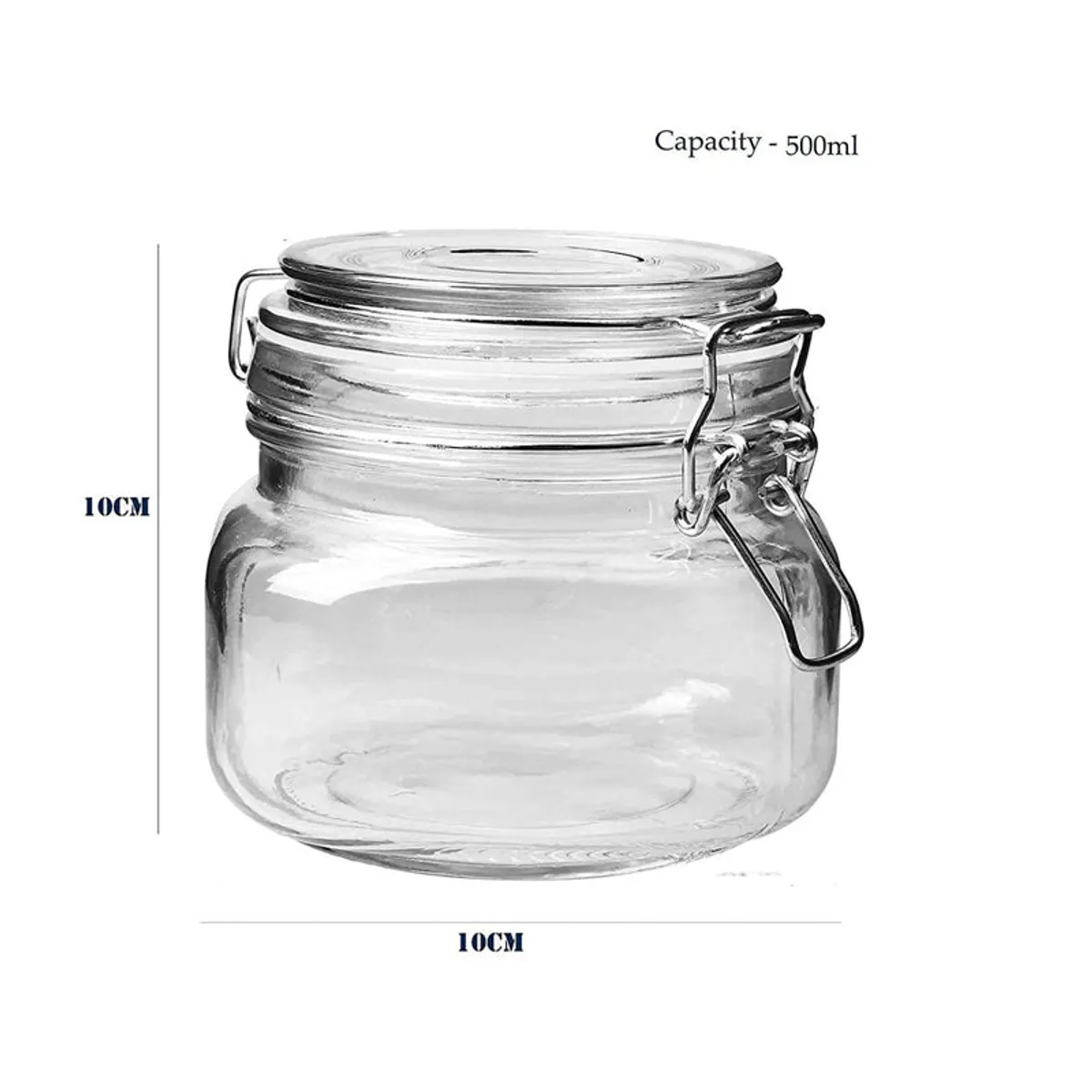 Transparent glass jar with clamp lid shown beside capacity and dimension markings