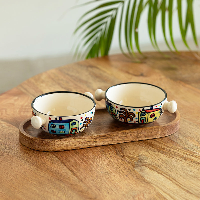 Coastal Cottage Handpainted Ceramic Bowl With Tray (260 ML) - Three Piece Set