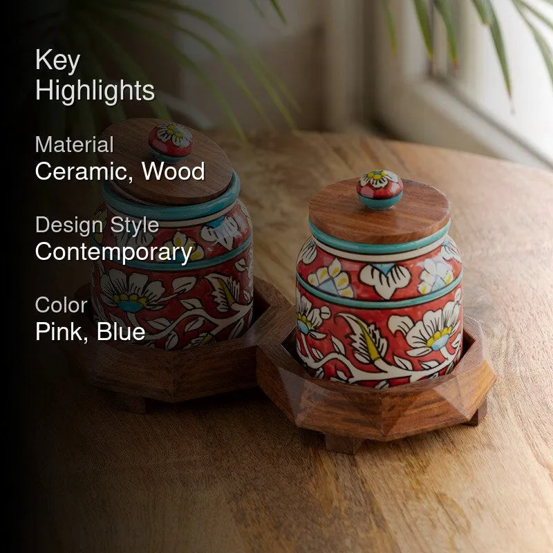 Rang-E-Gul Handpainted Ceramic Multi-Utility Jar With Tray (440 mL Each) - Four Piece Set media 2