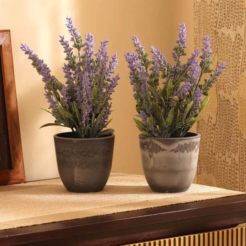 Artificial Purple Lavender Plant With Black Plastic Pot (Set Of Two) - 1 Feet media 1
