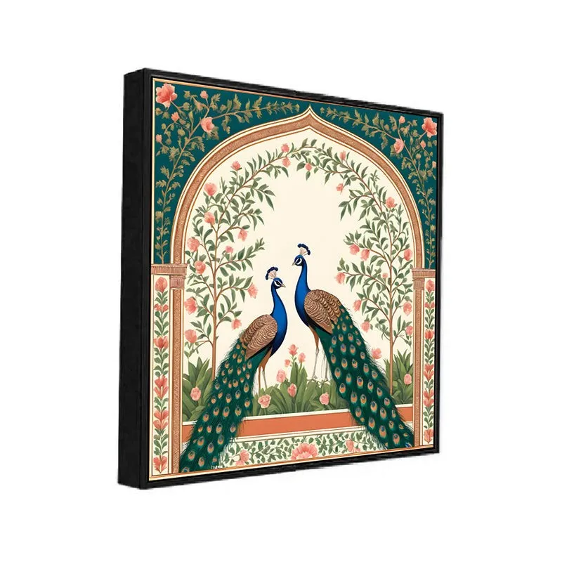 Angled view of square framed peacock canvas wall painting