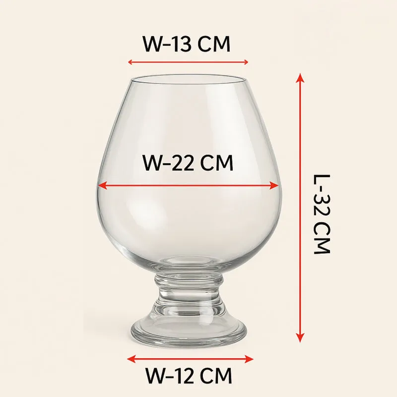 Transparent glass urn vase shown with printed size markings