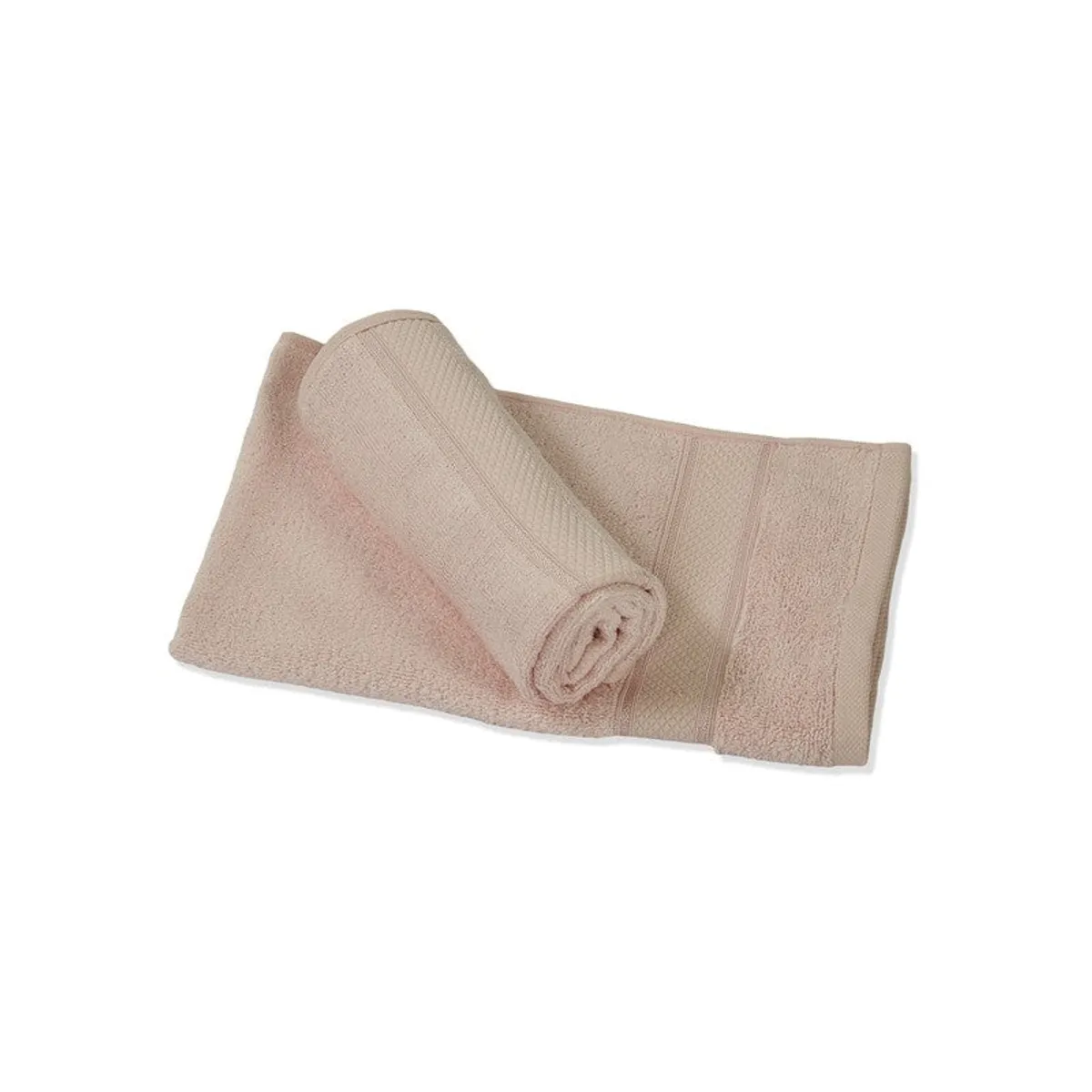 Light beige hand towel rolled over another towel on a white background.