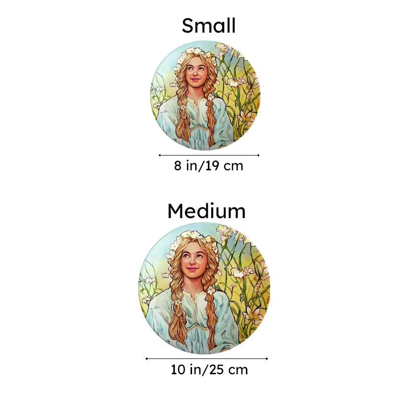 Two round decorative plate size views with the same maiden and floral artwork