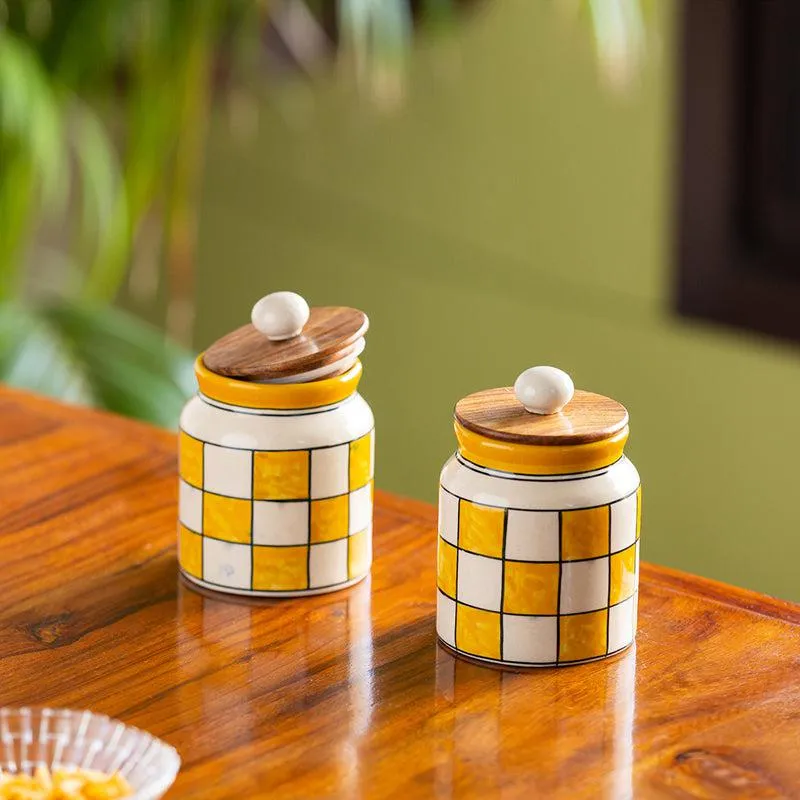 Chaturanga Handpainted Airtight Ceramic Jar (410 mL Each) - Set Of Two media 1