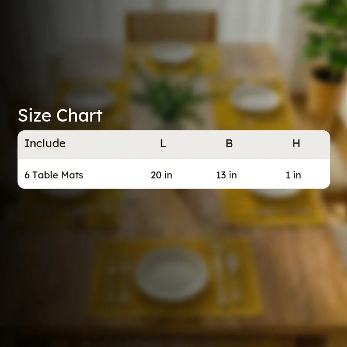 Yellow table mat set displayed with six mats and size information