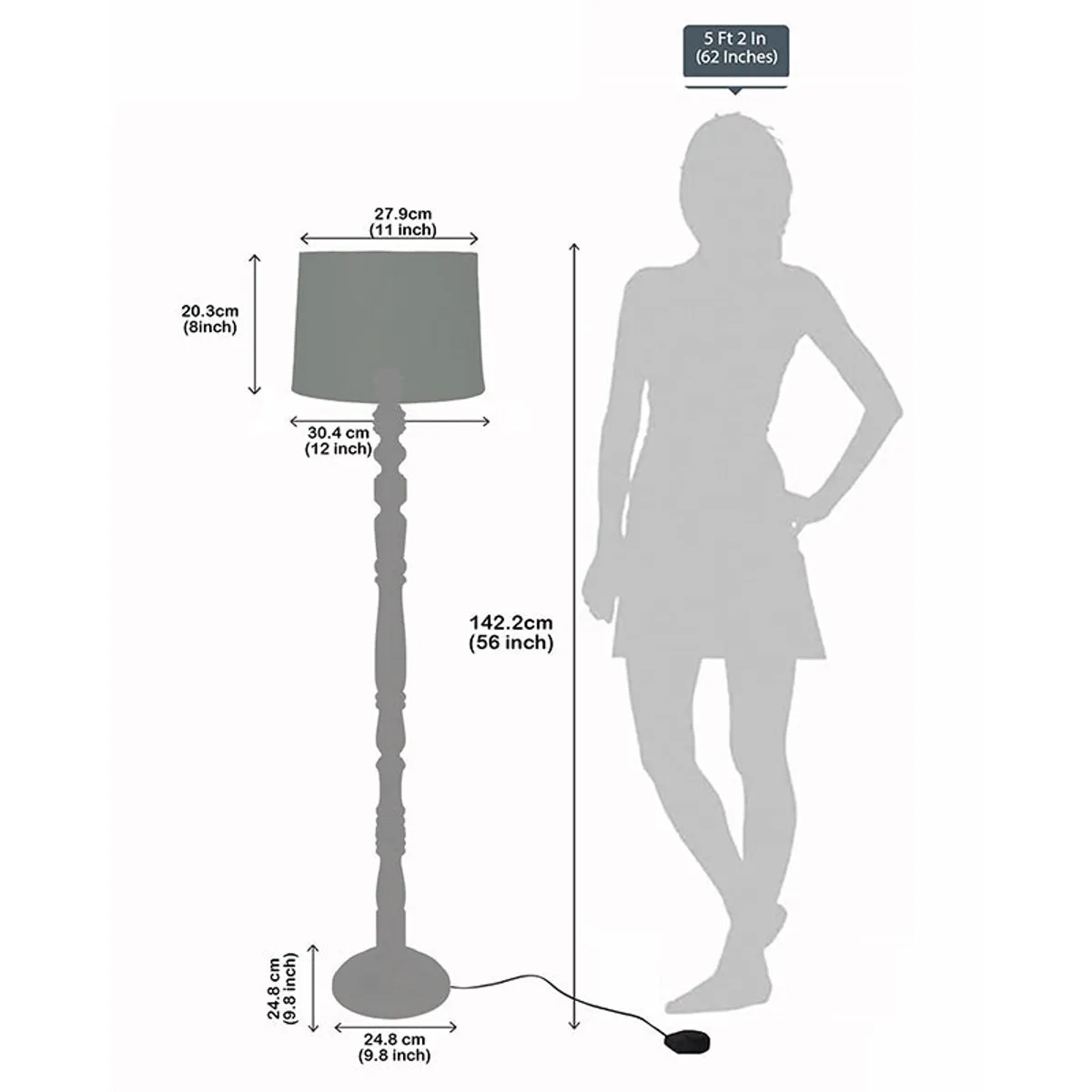 Floor lamp silhouette showing proportions beside a standing figure