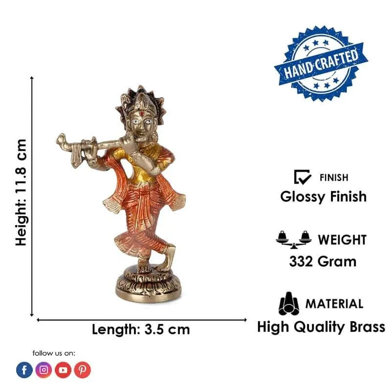 Colourful Krishna Brass Idol With Flute media 5