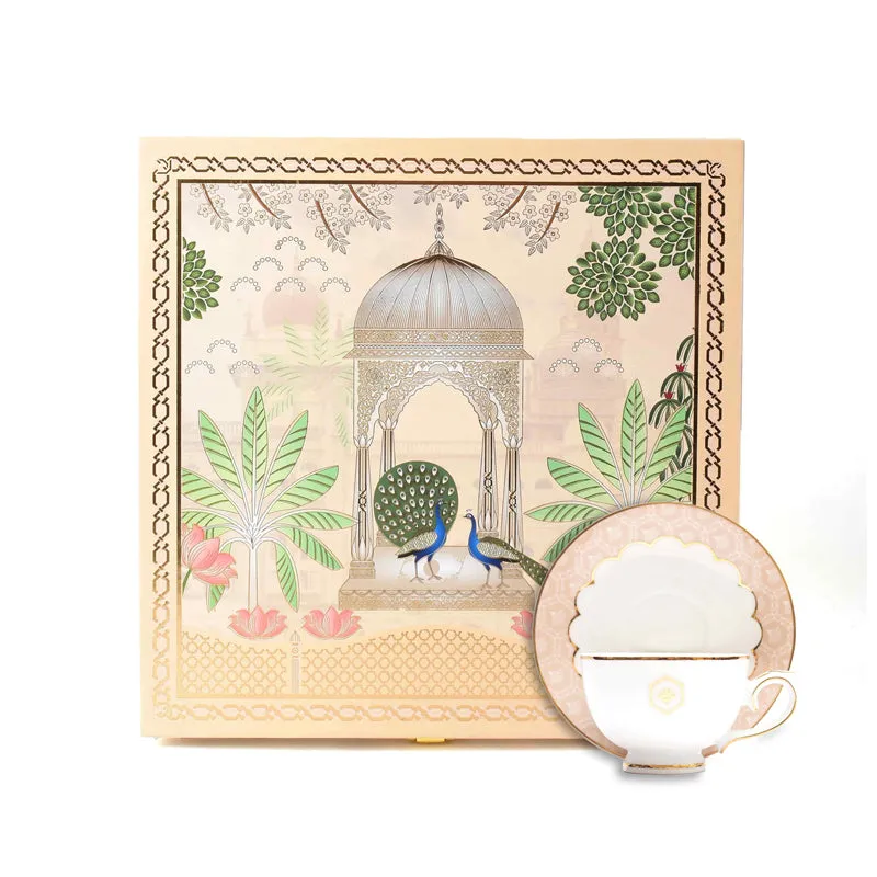 Gilded Legacy 24k Gold Brushed Porcelain Tea Cup & Saucer (Peach/ 280 mL) - Set of Six media 7