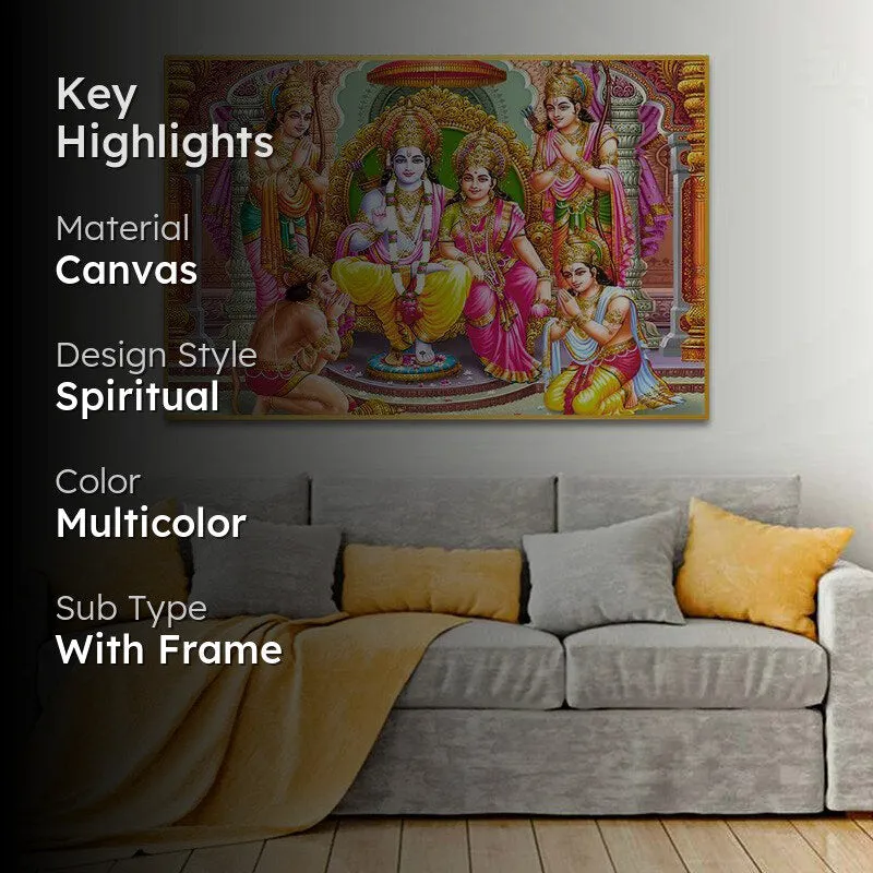 Divine Family Of Ayodhya Spiritual Canvas Wall Painting With Frame - Gold media 2