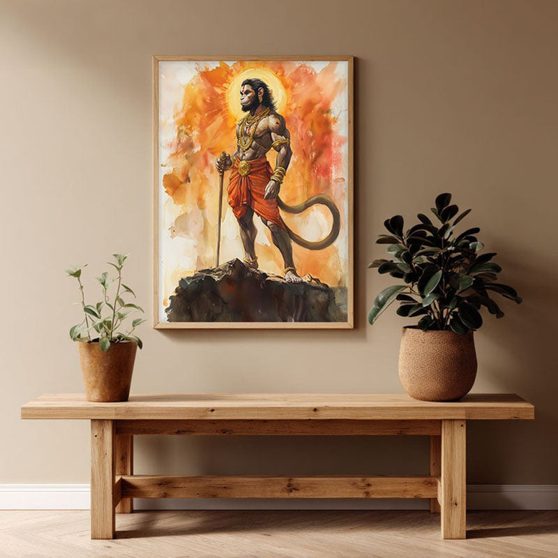 Anjaneya's Leap Spiritual Archival Paper Wall Painting - Natural Brown Frame