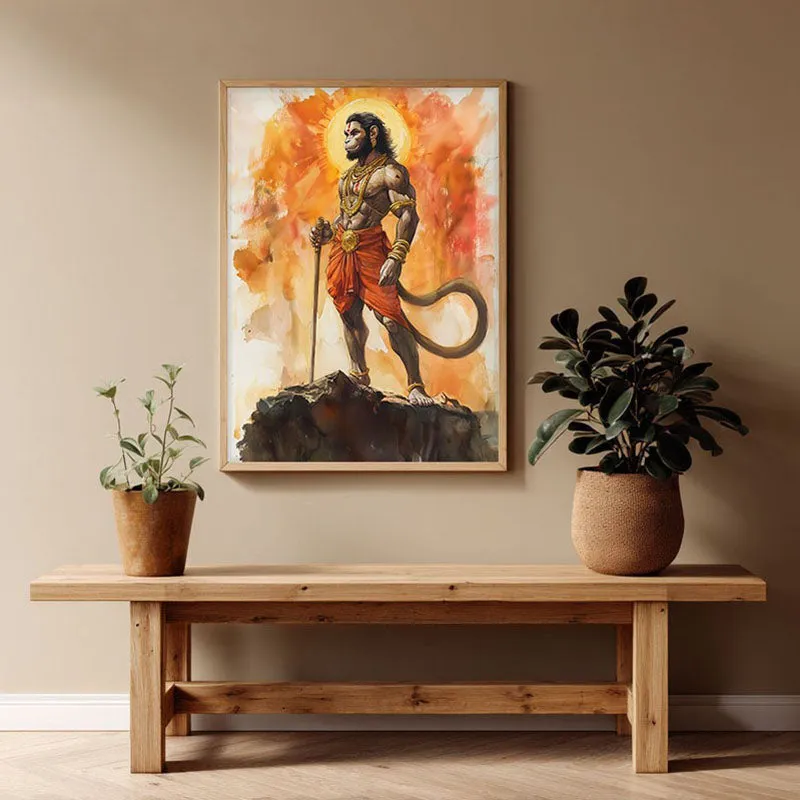Anjaneya's Leap Spiritual Archival Paper Wall Painting - Natural Brown Frame media 1