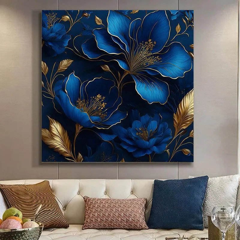 Blossomy Blue and Gold Poly Canvas Wall Painting media 1