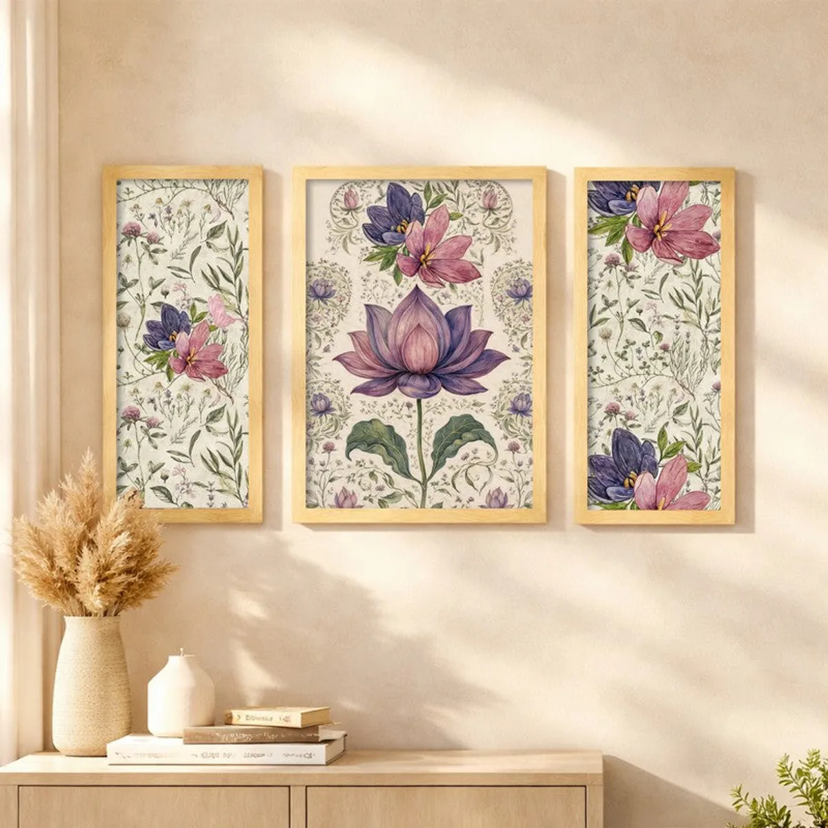 Set of three framed floral botanical prints displayed above a light wood cabinet.