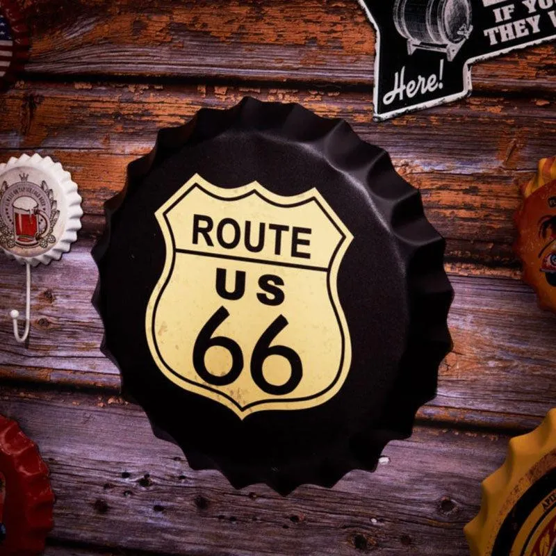 Route Us 66 Black Bottle Cap Metal Wall Accent media 1