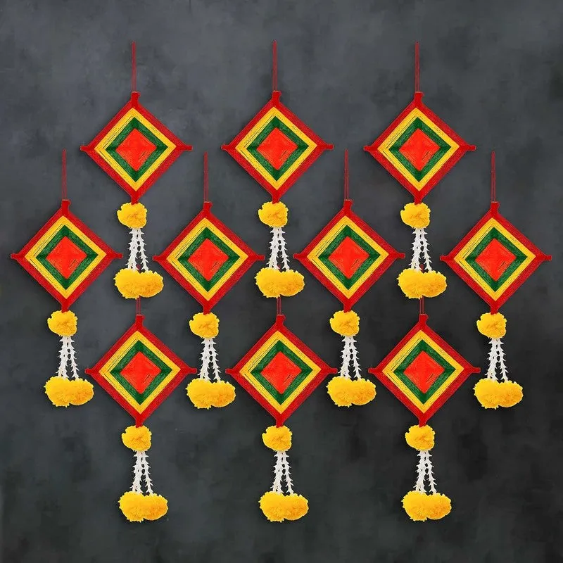 Set of eight multicolour latkans displayed against a dark background