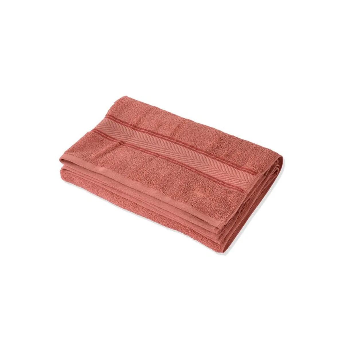 Folded peach bath towel displayed against a white background.