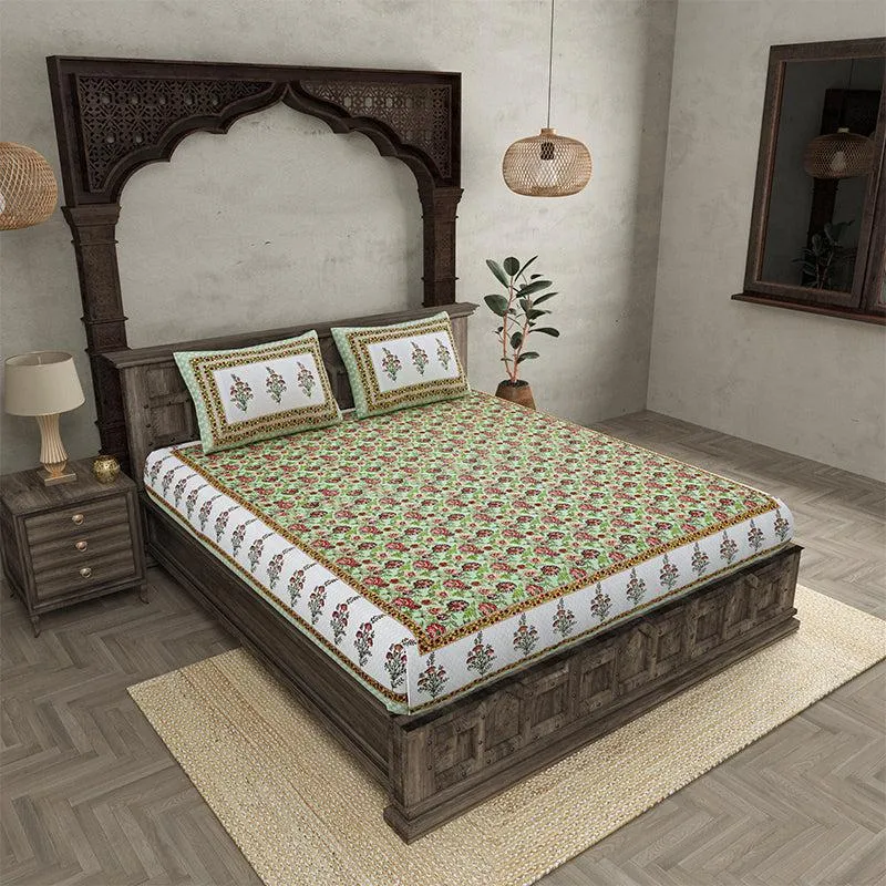 Mahate Ethnic Cotton Bedsheet (Green) - 180 TC media 1