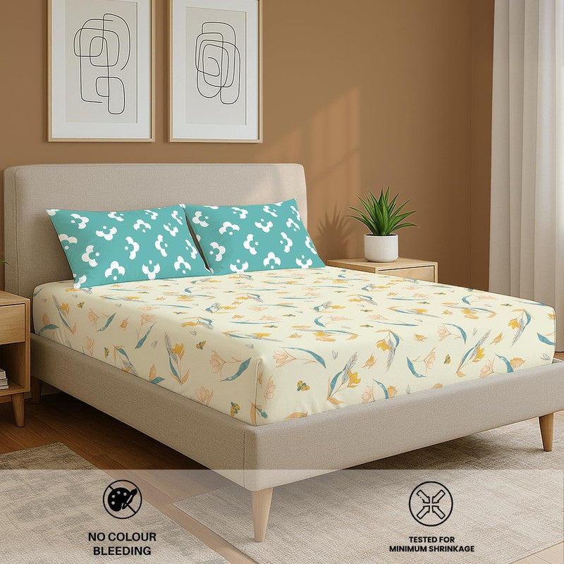 Sea Breeze Petals Floral Cotton Bedsheets (White & Blue) - 144 TC media 5