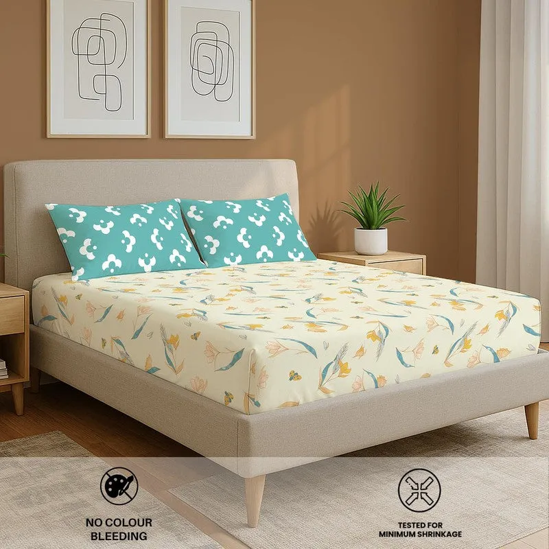 Sea Breeze Petals Floral Cotton Bedsheets (White & Blue) - 144 TC media 5
