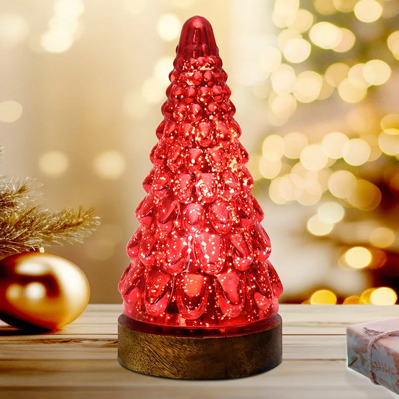 Vibrant Pinewood Xmas Tree Glass Table Lamp Red - Red media 2