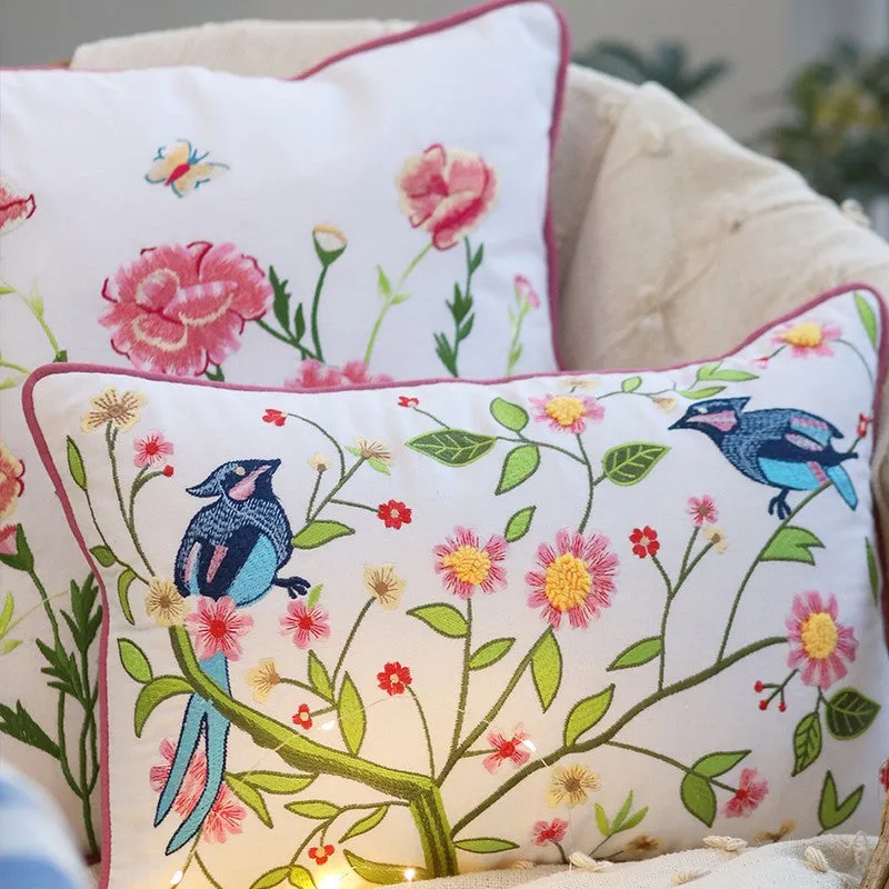 Bluebird Garden Embroidered Cotton Cushion Cover media 2
