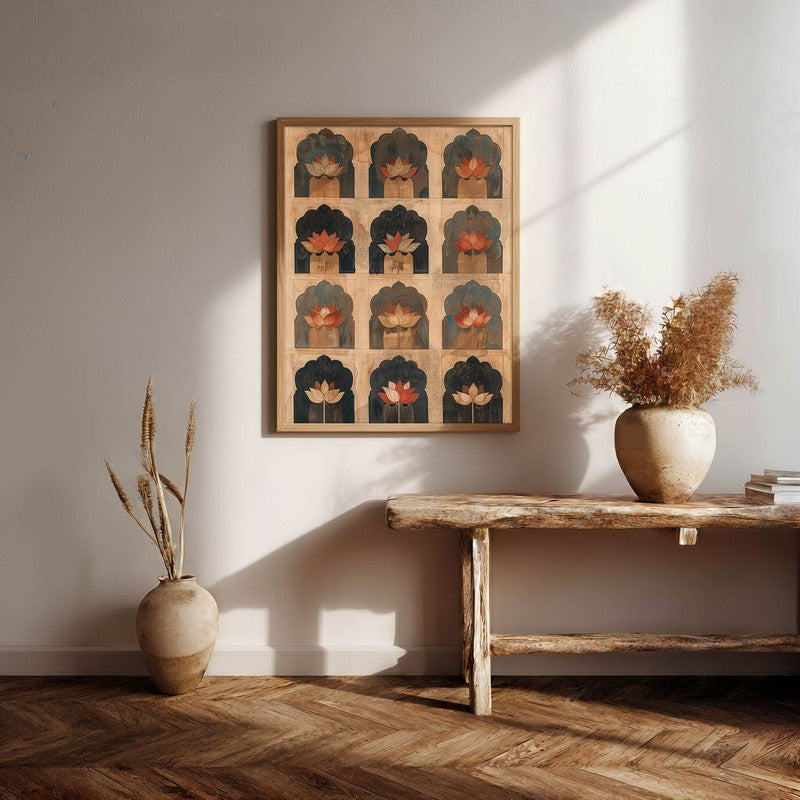 Heritage Lotus Arch Motif Canvas Wall Painting With Brown Frame