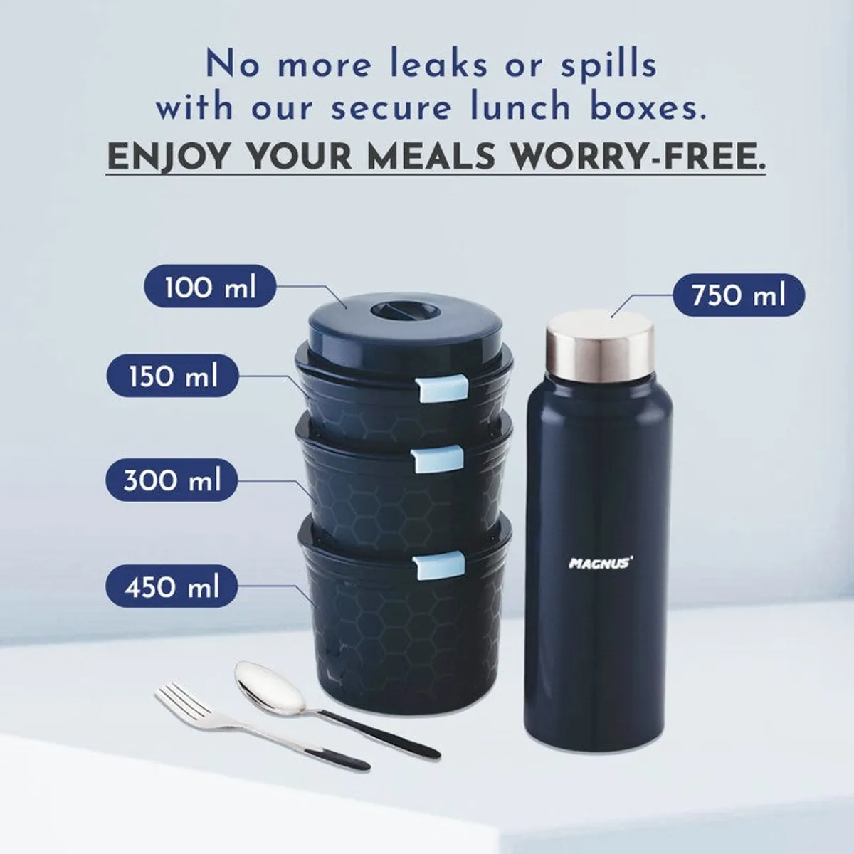 Blue lunch containers and bottle shown with capacity labels and cutlery