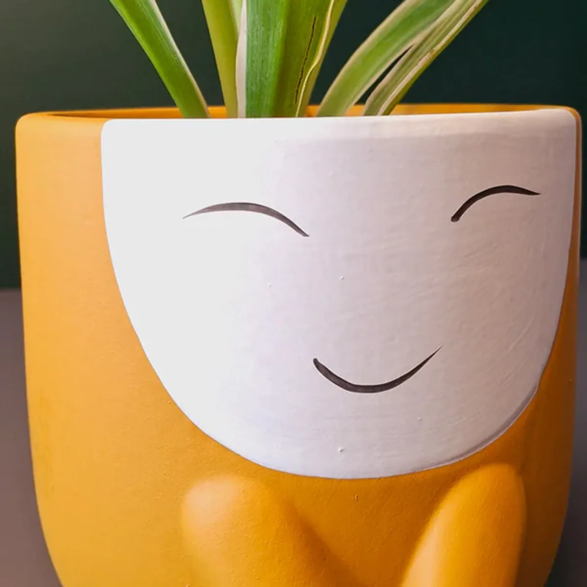 Close-up of the smiling face on the orange ceramic planter