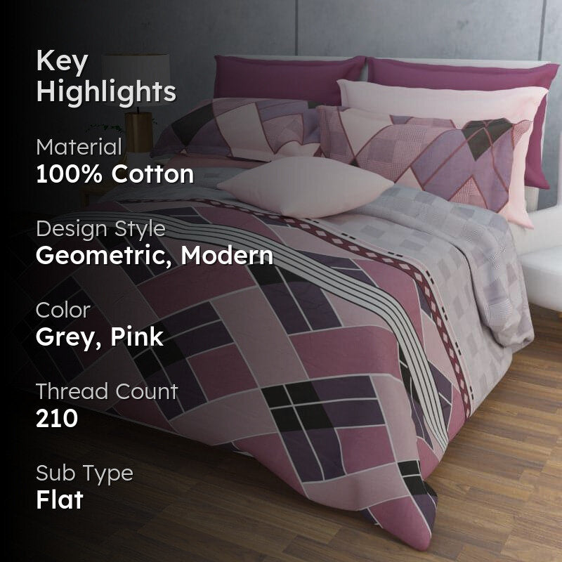 Iola Geometric Cotton Bedsheet (Grey,Pink) - 210 TC media 2