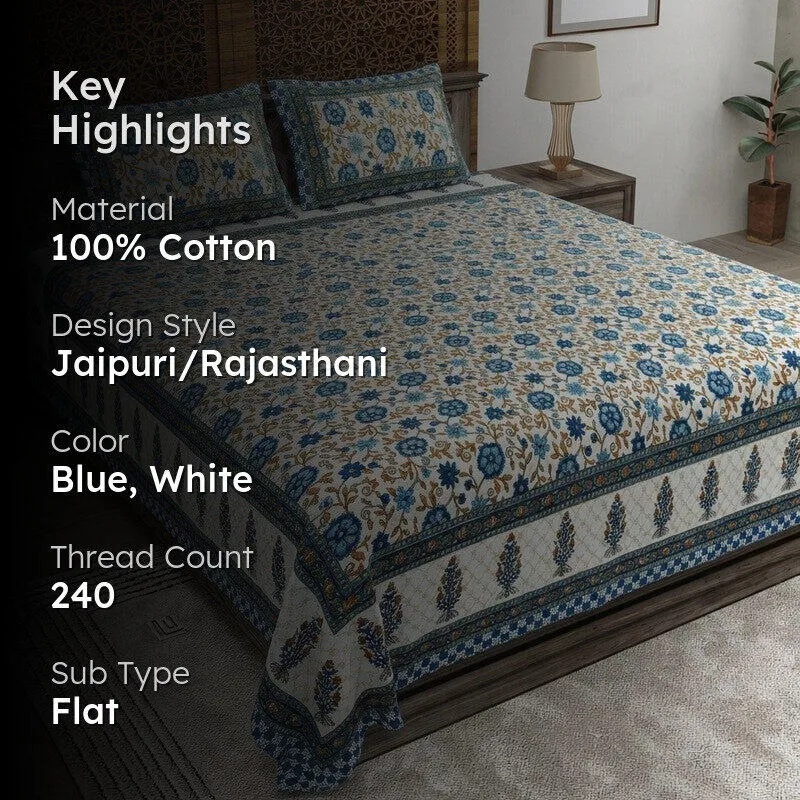 Petalet Cotton Bedsheet (Blue,White) - 240 TC media 2