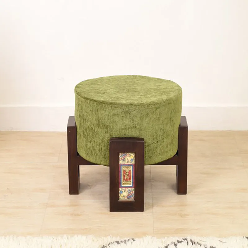Suede Teak Wood Pouffe - Green media 1
