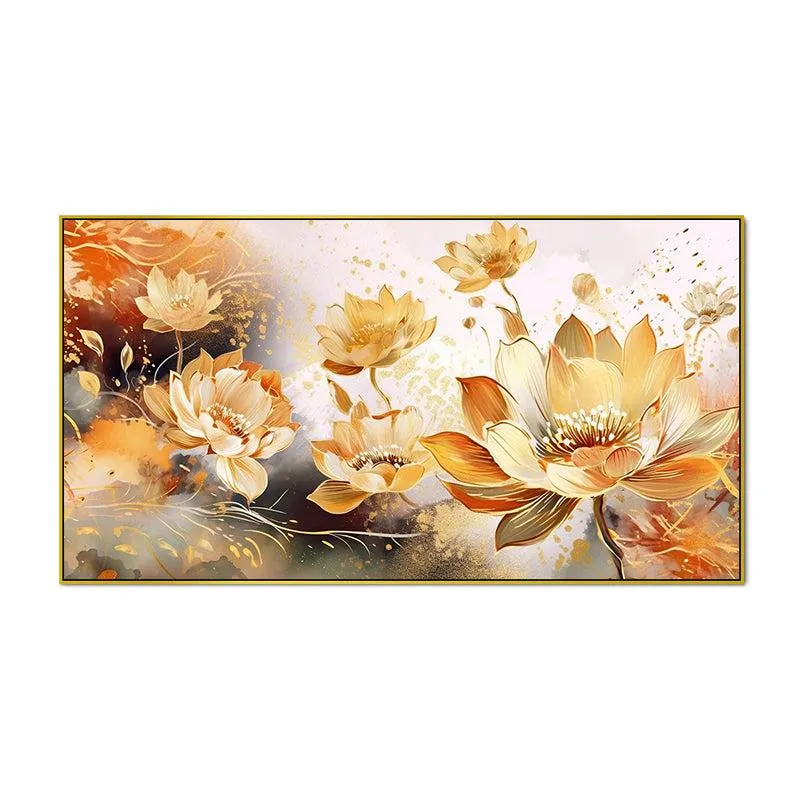 Celestial Water Lilies Floral Canvas Wall Painting With Frame - Gold media 4