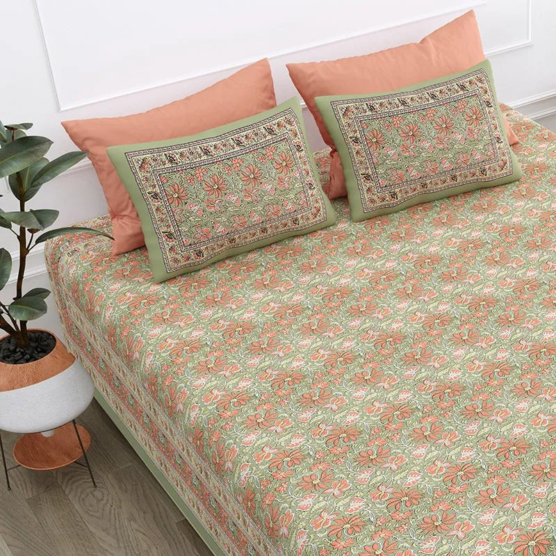 Aayushi Cotton Bedsheet (Green, Peach) - 180 TC media 4