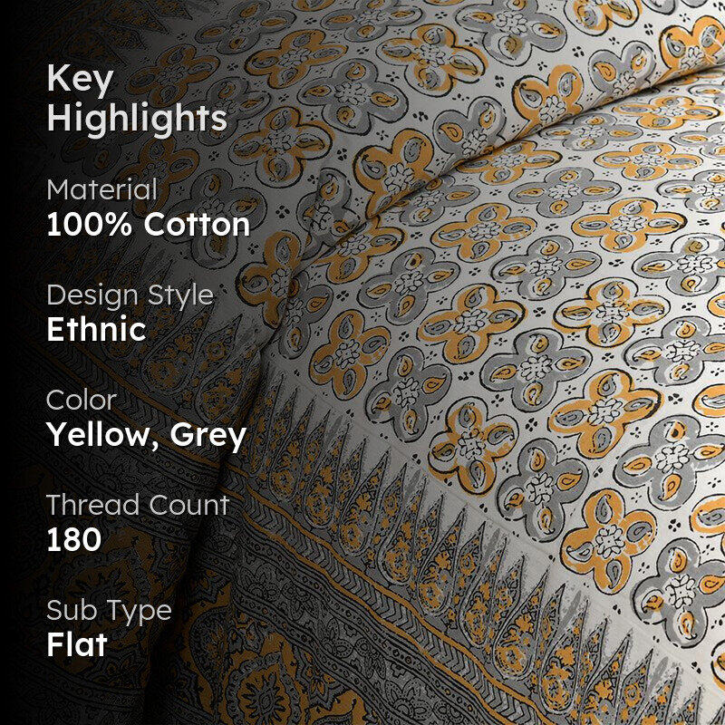 Murti Ethnic Cotton Bedsheet (Yellow,Grey) - 180 TC media 2