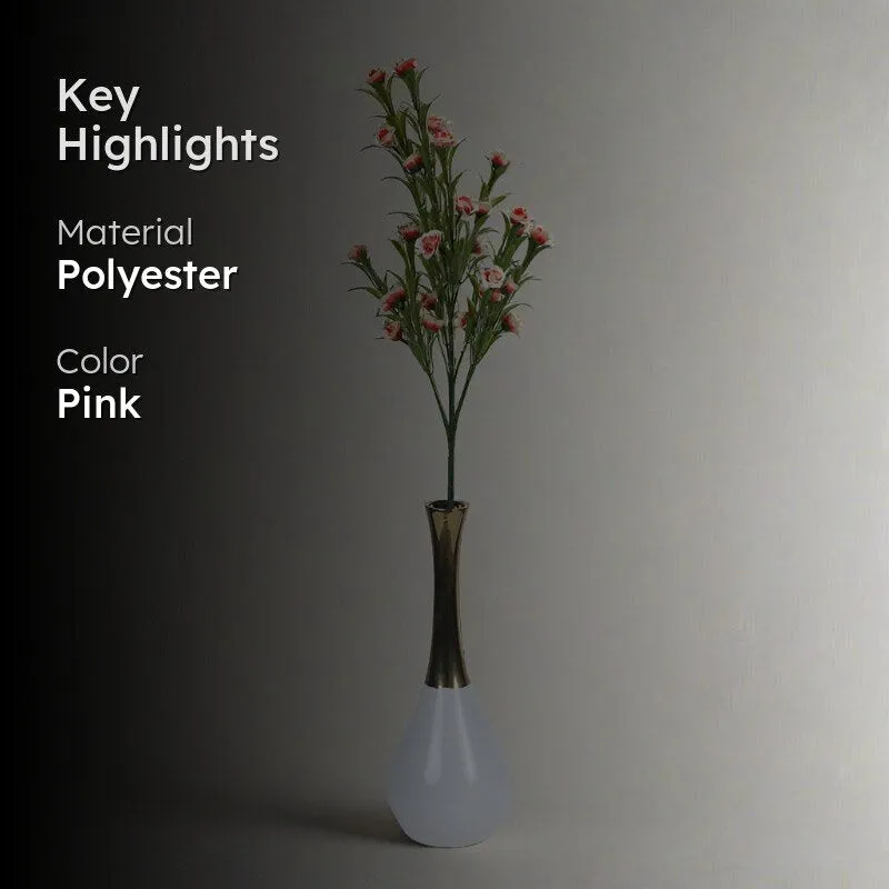 Pink faux mini rose stem in a white vase with highlight text