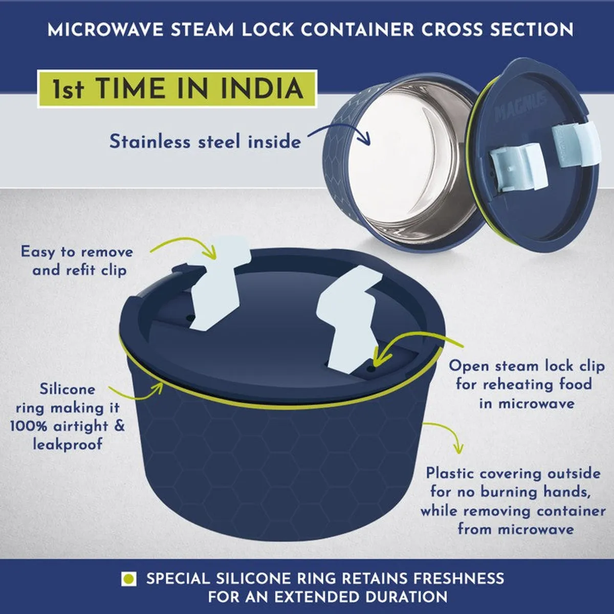Close-up of a dark blue lidded lunch container with stainless steel interior