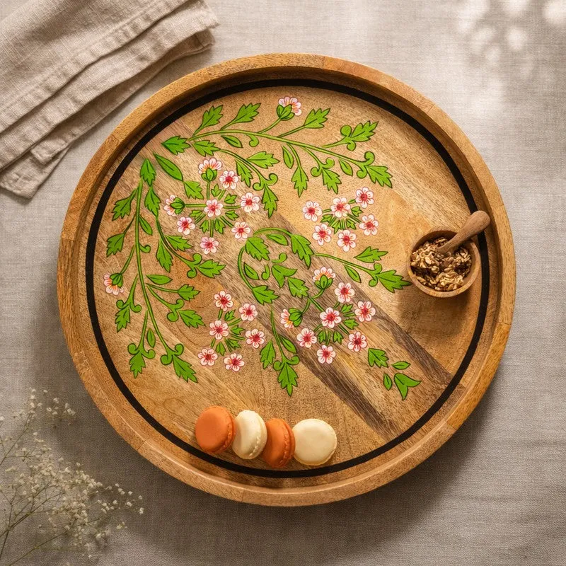 BloomCraft Floral Wood Rotating Serving Platter media 1