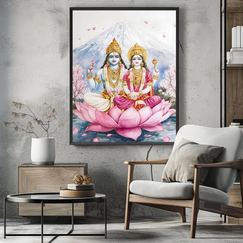 Lakshminarayana Spiritual Archival Paper Wall Painting With Frame - Black media 3
