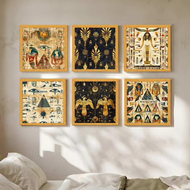 Egyptian Noir Paper Wall Painting With Frame - Set Of Six media 4