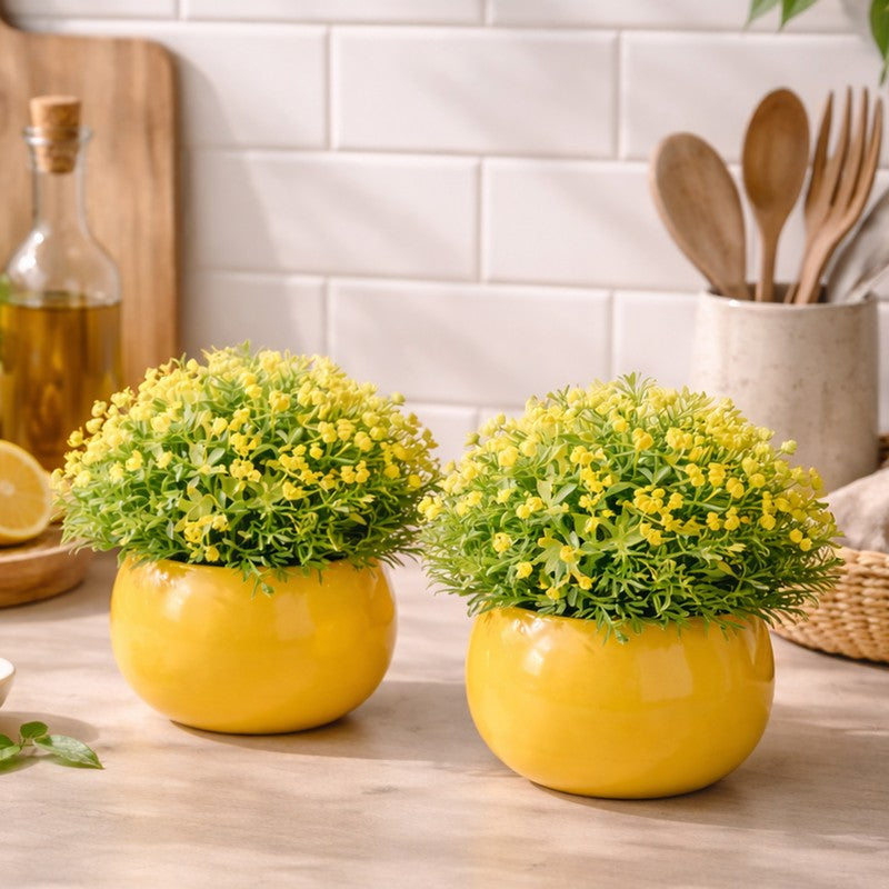 Bloomvera Artificial Rose Flower Plant With Pot (Yellow,14CM) - Set Of Two