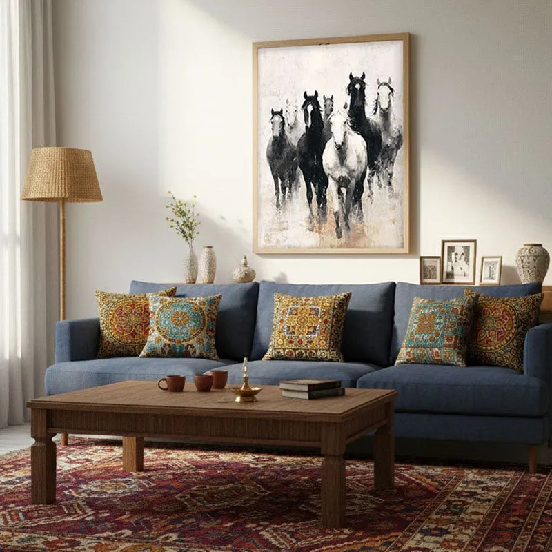 Charcoal Horse Stampede Wall Painting With Brown Frame media 3