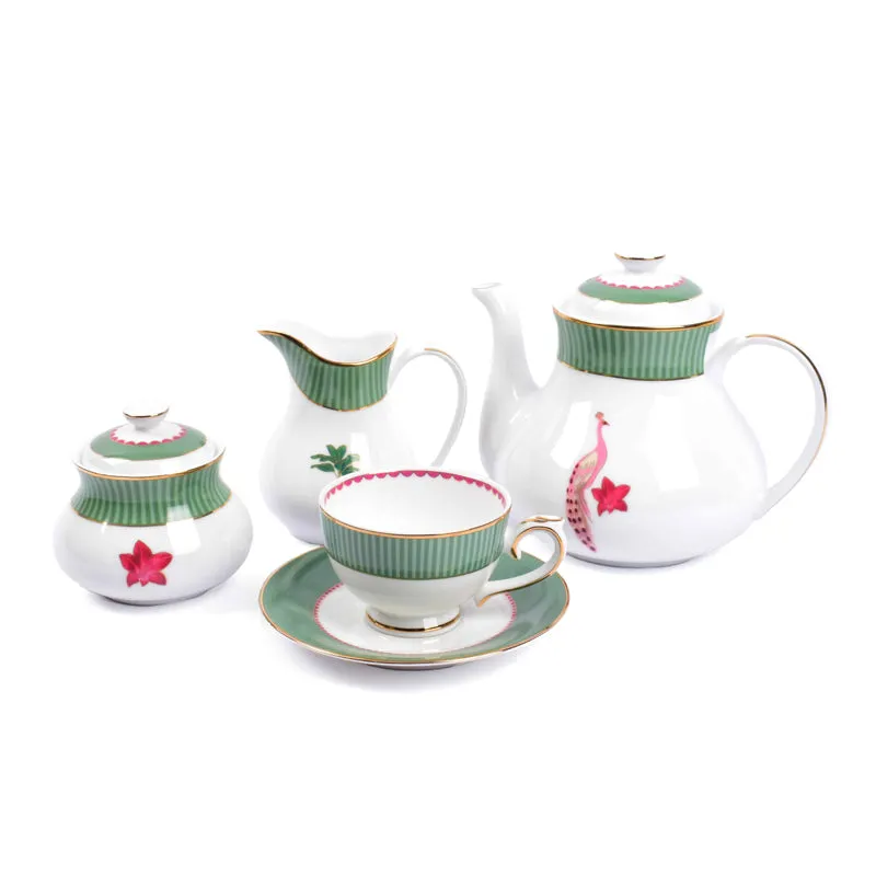 Gilded Mayura 24k Gold Brushed Porcelain Tea Set With Tea Pot - Seventeen Piece Set media 6
