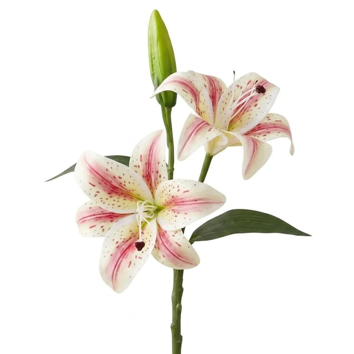Single white and pink speckled artificial lily flower stick on a white background