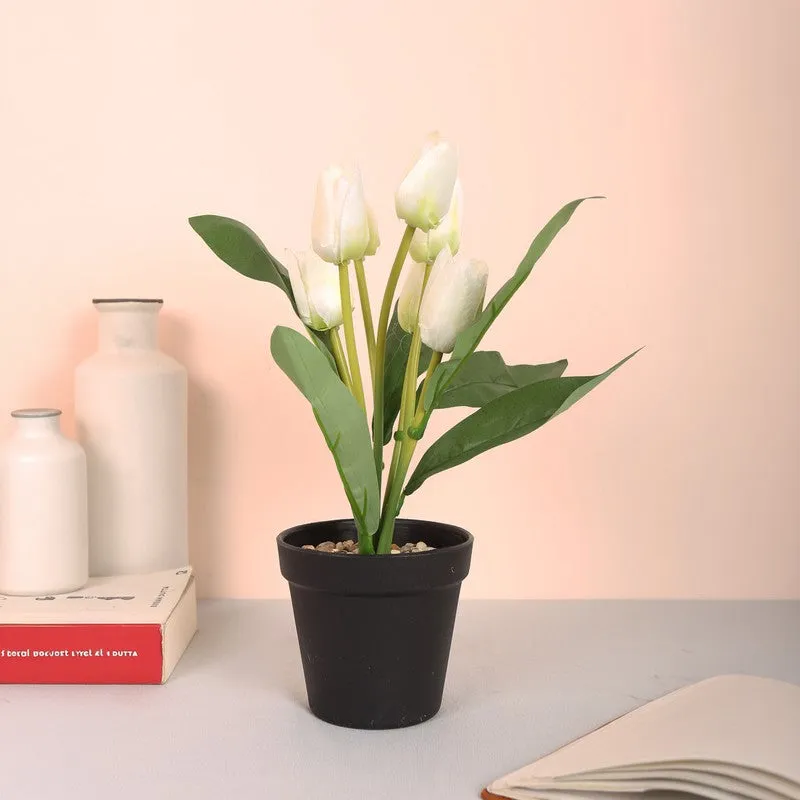 Artificial Tulip Flower Plant With Black Plastic Pot - White media 3