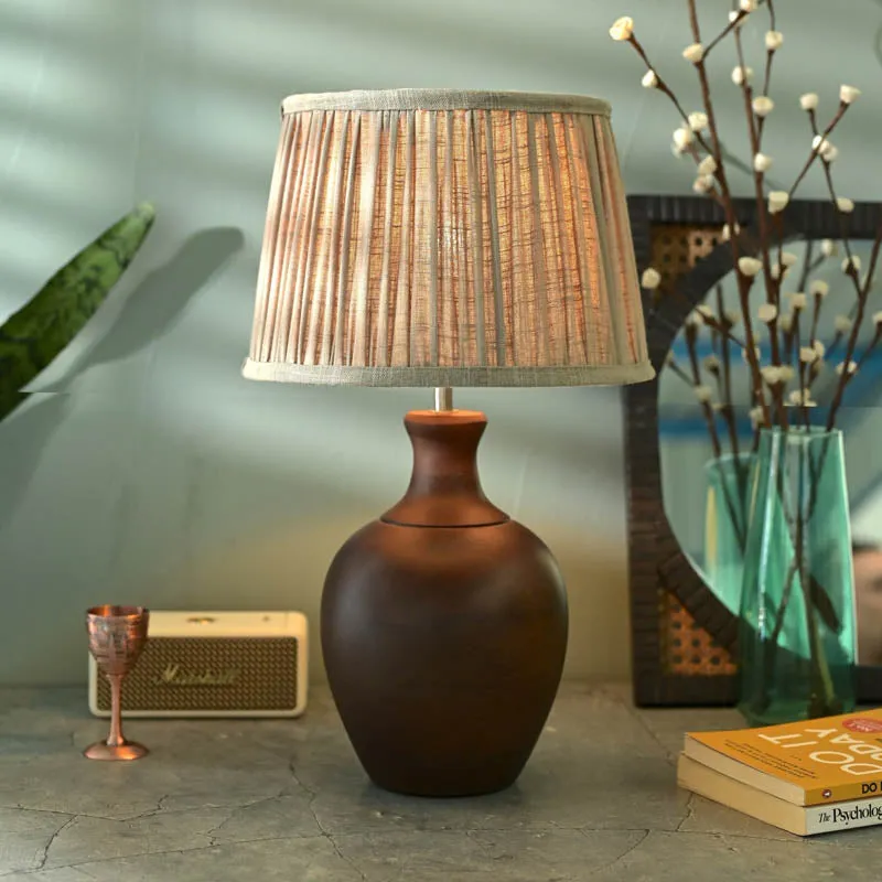 Astio Pleated Wooden Table Lamp - Brown,Beige media 1