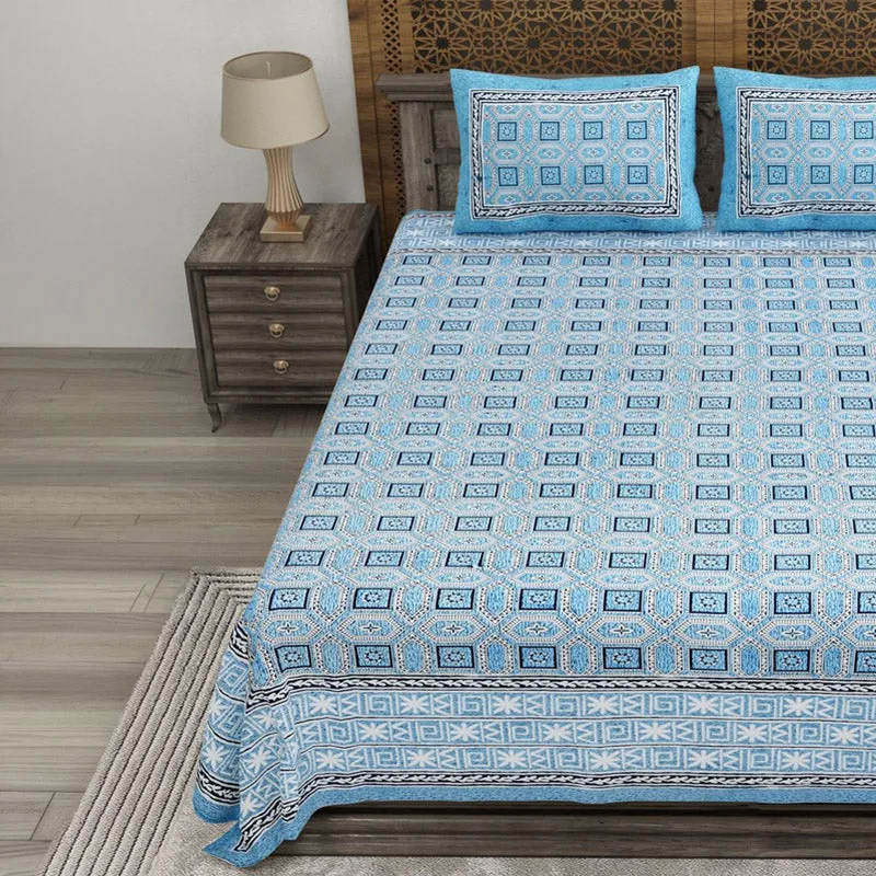 Geoor Cotton Bedsheet (Blue,White) - 240 TC media 3