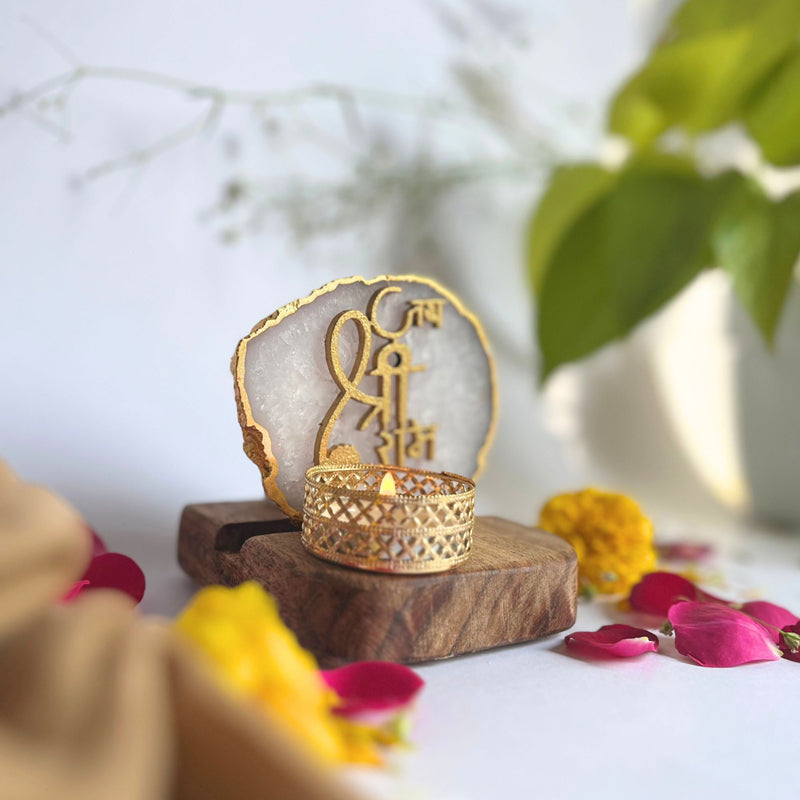 Jai Shri Ram Handcrafted Agate Religious Accent With Tealight Candle Holder - White